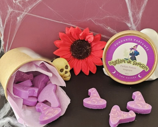 Petits chapeaux de sorcière parfumés – Potion Magique Fondants parfumés violets en forme de chapeaux de sorcière