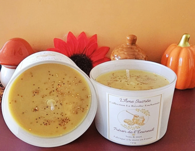 Trésor de l’Écureuil 130 g – Décor noix et miel Bougie Trésor de l’Écureuil découverte noix et miel – vue du dessus