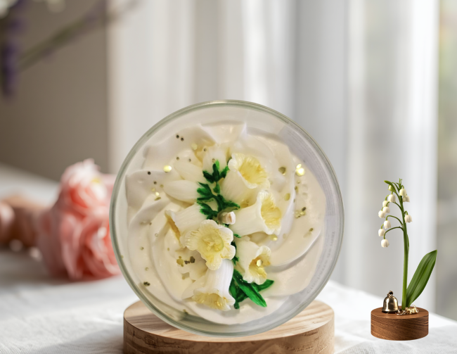 Bougie artisanal muguet vue du dessus Bougie artisanale muguet cire naturelle vue dessus