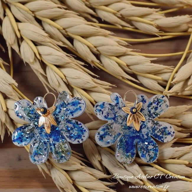 Fleurs pailleté bleu et or avec perle lapis 5