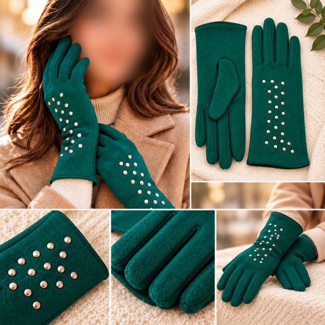 Gants en laine coloris vert émeraude avec clous décoratifs Collection Automne-Hiver