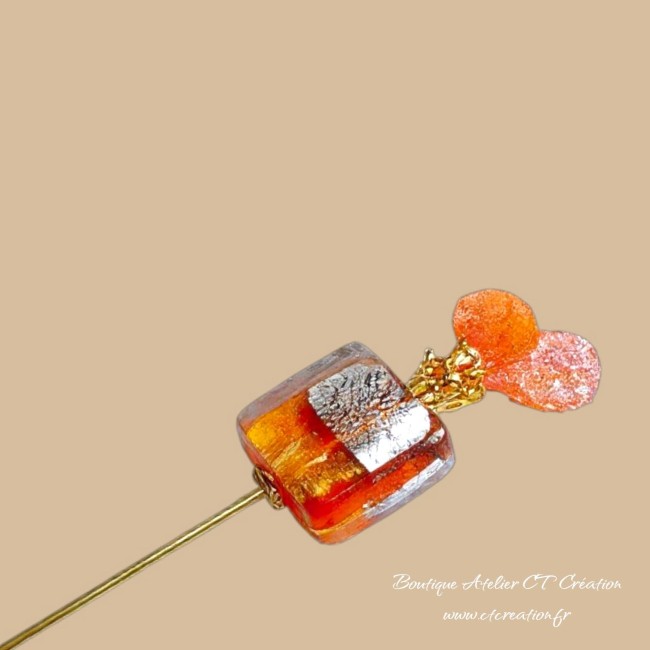 Fibule perle carré murano mandarine et beige 3