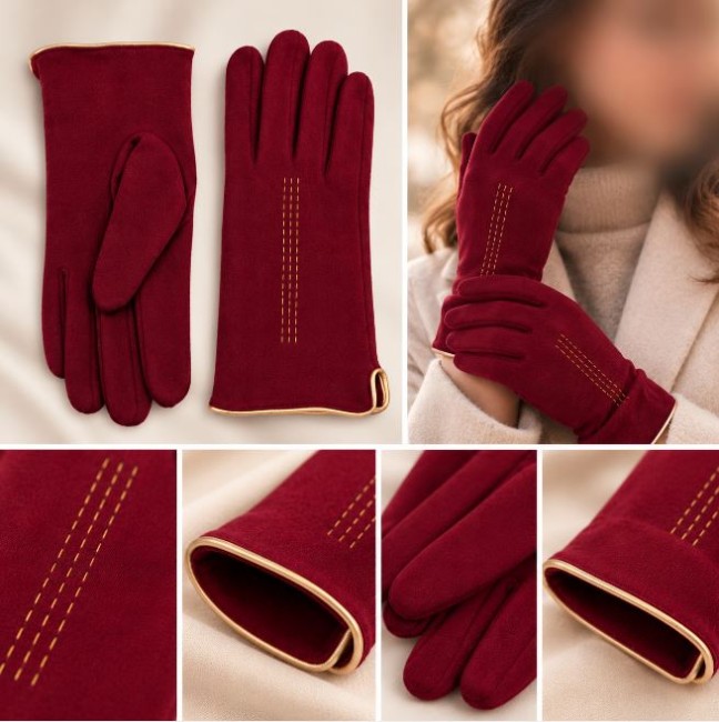 Gants très féminins en laine coloris framboise avec surpiqûres dorées Collection Automne-Hiver