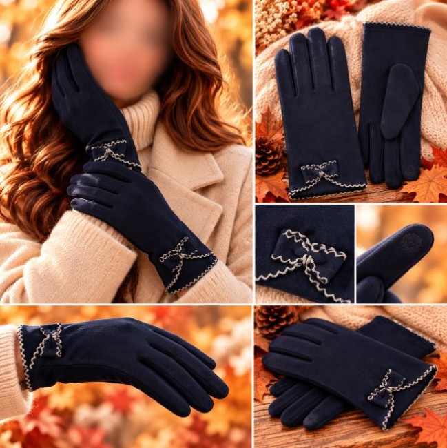 Gants fantaisies élégants bleu marine avec noeud brodé