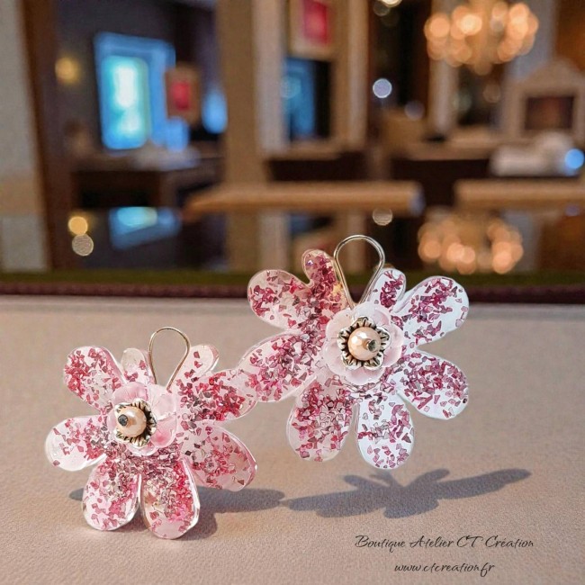 Fleurs pailleté rose avec perle nacre 6