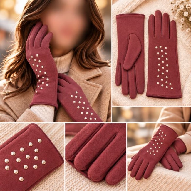 Gants en laine coloris bois de rose avec clous décoratifs Collection Automne-Hiver