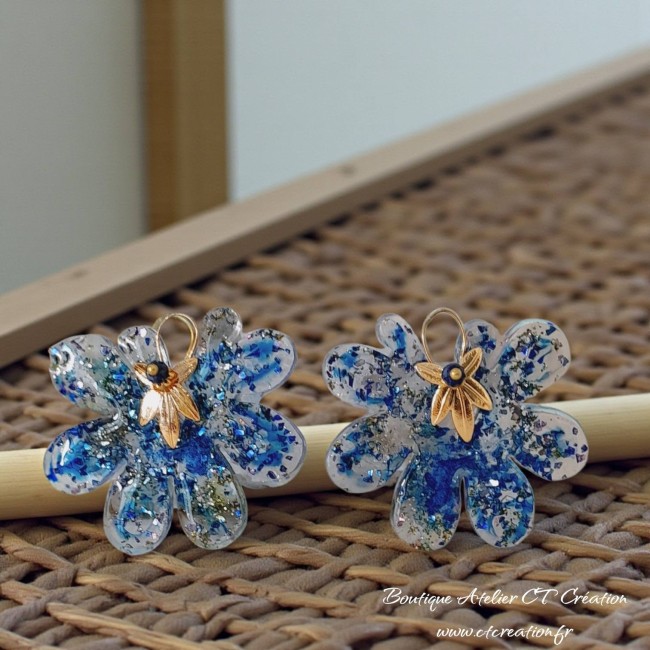 Fleurs pailleté bleu et or avec perle lapis 6