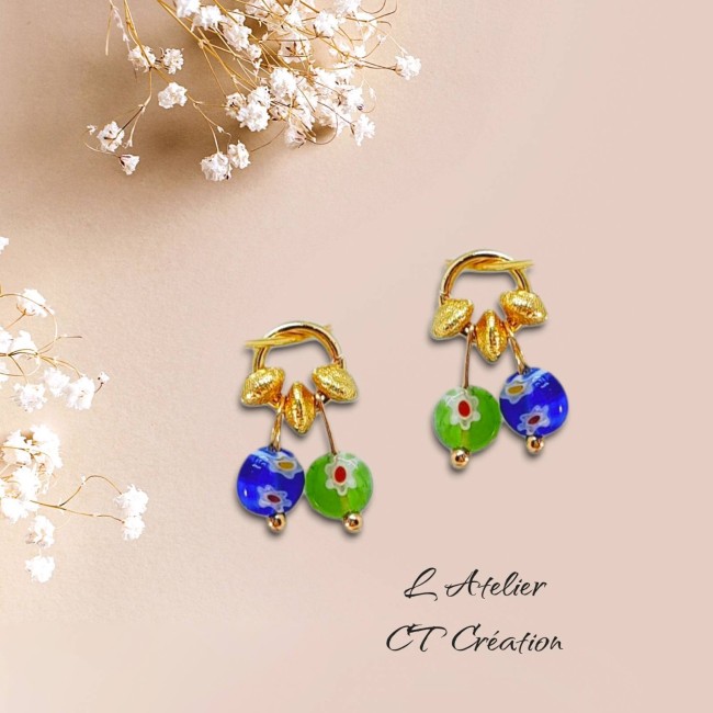 Millefiori Murano Pendentifs 2 perles vert et bleu