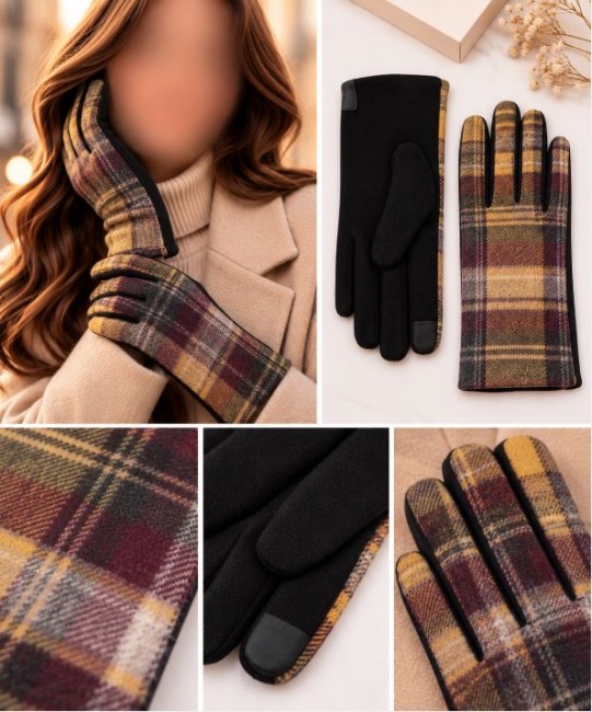 Gants fantaisies rayés jaune motifs ecossais