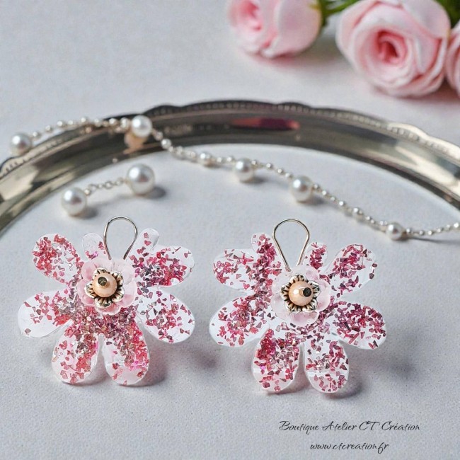 Fleurs pailleté rose avec perle nacre 8