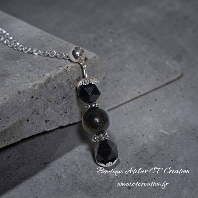 Obidienne 3 perles argenté