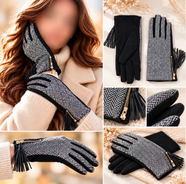 Gants graphiques noir et blanc avec pompon