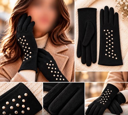 Gants en laine coloris noir avec clous décoratifs Collection Automne-Hiver