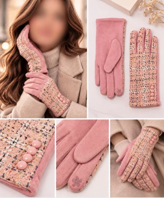 Gants rose poudré suédine & tweed fantaisie doux et très confortable
