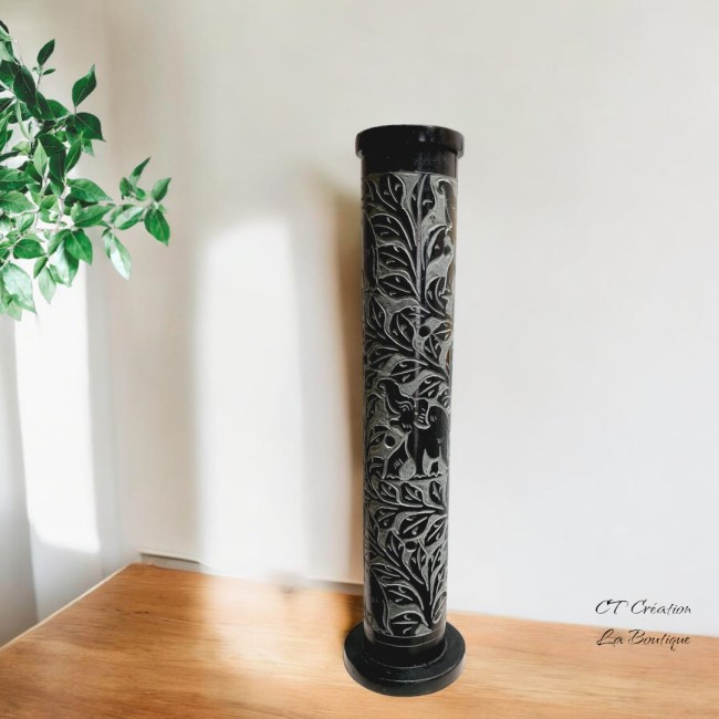 porte encens tour en pierre gravée éléphant-1