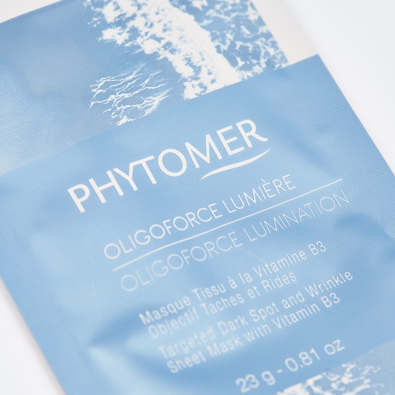 Masque Tissu Oligoforce Lumière Phytomer – Pack 4 masques Vitamine B3 Boîte de 4 masques Oligoforce Lumière de Phytomer – masque tissu anti‑taches & rides, éclat vitamine B3