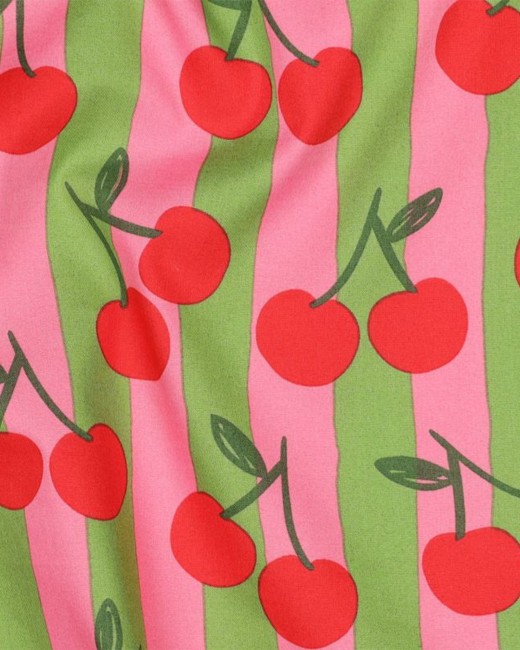 Popeline coton cerises rouges sur rayures rose et vert