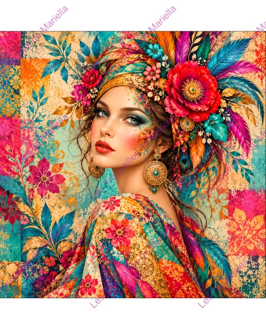 Coupon à coudre femme bohème, orné de fleurs et plumes colorées "Coupon à coudre femme bohème, orné de fleurs et plumes colorées"
