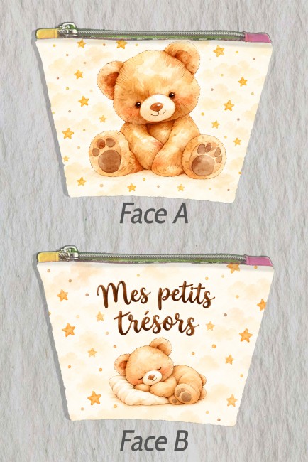 Panneau trousse Nounours « Mes petits trésors » en coton ou simili "Panneau trousse Nounours « Mes petits trésors » en coton ou simili"