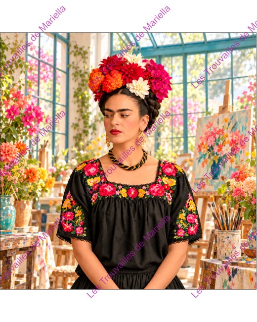 Coupon à coudre sur le thème de Frida dans son atelier de peinture. "Coupon à coudre sur le thème de Frida dans son atelier de peinture."