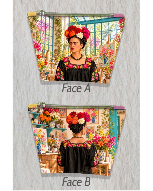Panneau pour trousse en coton ou simili : Frida de face et de dos dans un atelier fleuri "Panneau pour trousse en coton ou simili : Frida de face et de dos dans un atelier fleuri"