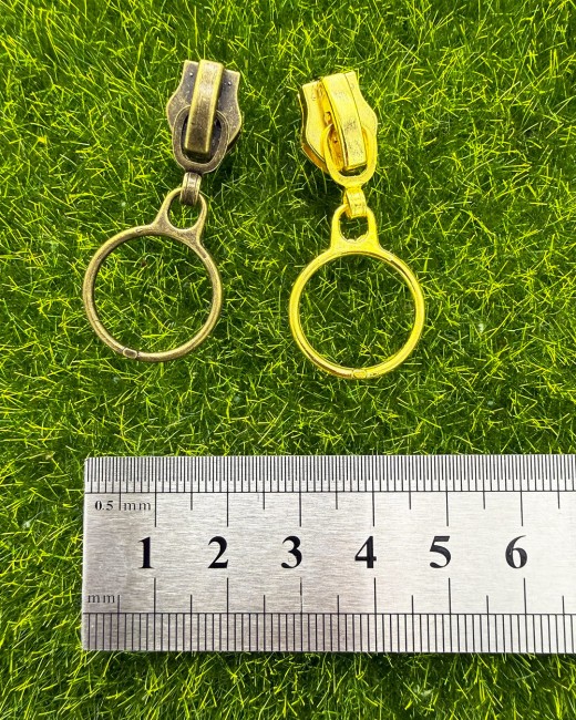 Curseur Métallique Rond pour zip nylon de taille 6 (#6), coloris laiton ou doré au choix