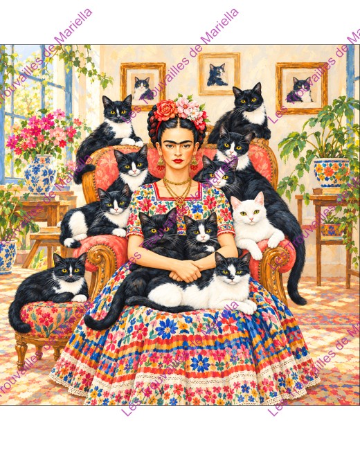 Frida entourée de chats dans un décor fleuri et lumineux. "Frida entourée de chats dans un décor fleuri et lumineux."