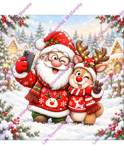 Le Père Noël et son renne prennent un selfie dans un village enneigé "Le Père Noël et son renne prennent un selfie dans un village enneigé"