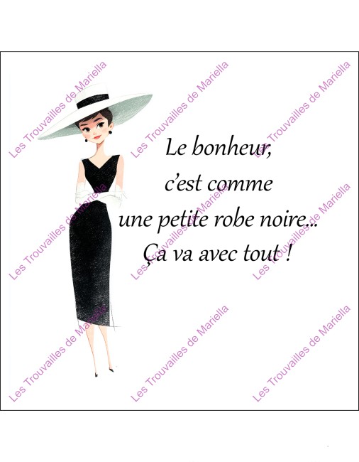 Mini panneau coton bonheur et petite robe noire 15x15 cm – Citation chic et féminine
