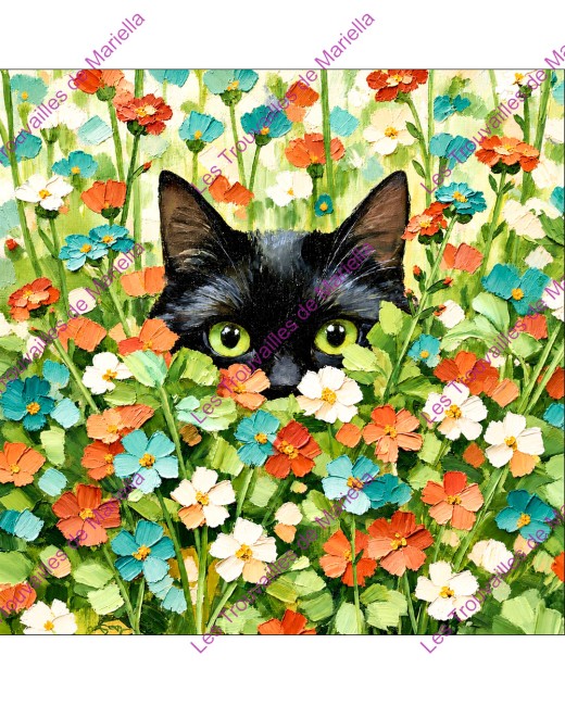Un chat noir aux yeux verts parmi des fleurs teal et rouille "Un chat noir aux yeux verts parmi des fleurs teal et rouille"