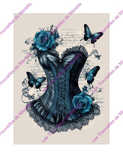 Panneau à coudre 100% coton imprimé d'un magnifique corset tons bleus