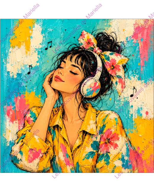 Une femme au casque fleuri dans une composition turquoise, rose et jaune à l’effet peint. "Une femme au casque fleuri dans une composition turquoise, rose et jaune à l’effet peint."