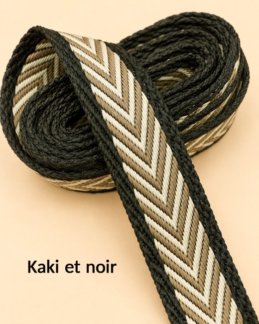 Sangles couleur kaki & noir à motif chevrons double face – 38 mm