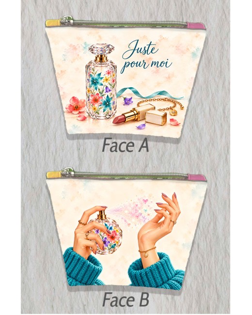 Panneau trousse Juste pour moi en coton ou simili, aux motifs de parfum fleuri et de maquillage "Panneau trousse Juste pour moi en coton ou simili, aux motifs de parfum fleuri et de maquillage"