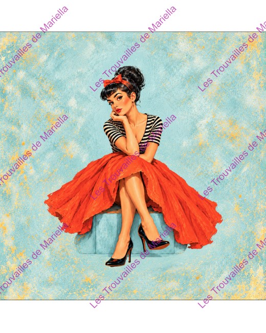 Coupon illustré d’une pin-up rétro, imprimé sur coton ou simili "Coupon illustré d’une pin-up rétro, imprimé sur coton ou simili "