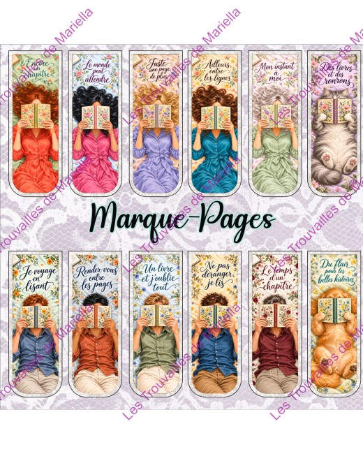 Coupon de 12 marque-pages à coudre : lecteurs, lectrices, chat et chien "Coupon de 12 marque-pages à coudre : lecteurs, lectrices, chat et chien"