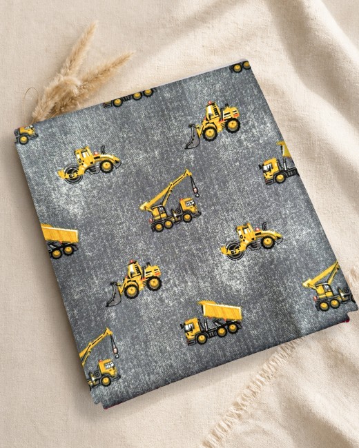 Coupon popeline coton tracteurs jaune sur fond gris imitation denim, 100% coton, 50x150cm