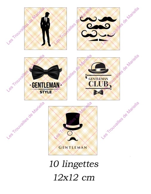 Panneau de 10 lingettes lavables 12x12 cm – Thème gentleman rétro