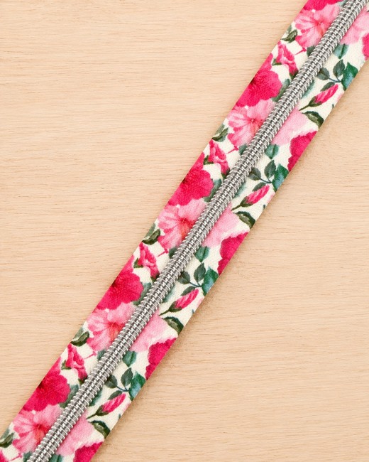 Zip Fantaisie Fleuri Rose – Taille 6 – Dents Argentées