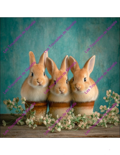 Panneau 100% coton Trio Lapins dans pot 25x25 cm