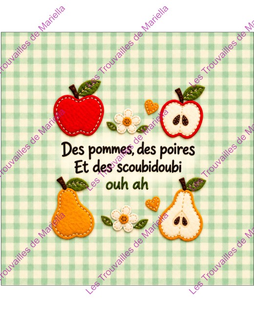 Coupon illustré à coudre des pommes, des poires et des scoubidoubi "Coupon illustré à coudre des pommes, des poires et des scoubidoubi"