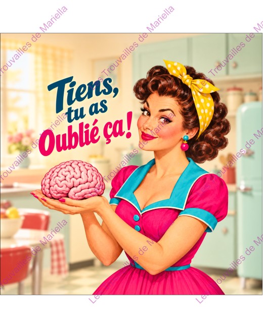 Une pin-up tend un cerveau avec humour dans une cuisine rétro "Une pin-up tend un cerveau avec humour dans une cuisine rétro"
