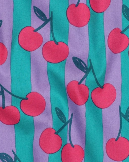 Popeline coton cerises roses sur rayures turquoise et parme