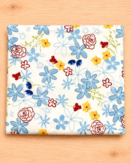 Coupon Popeline Fleuri Bleu et crème