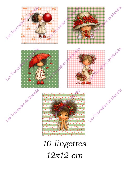 Panneau de 10 lingettes lavables 12x12 cm – Thème cerises vintage