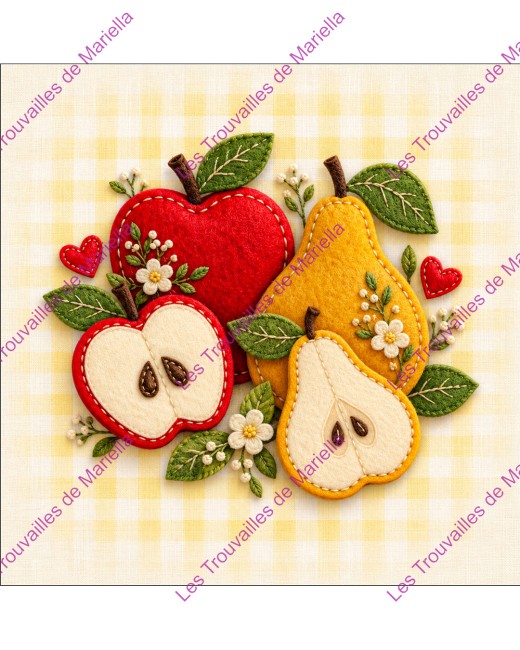 Coupon illustré à coudre sur le thème des fruits, Pomme Poire Vichy Jaune "Coupon illustré à coudre sur le thème des fruits, Pomme Poire Vichy Jaune"