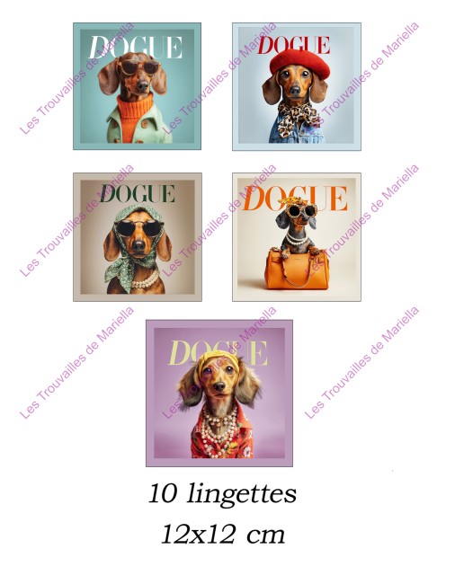 Panneau de 10 lingettes lavables 12x12 cm – Teckels fashion style Dogue