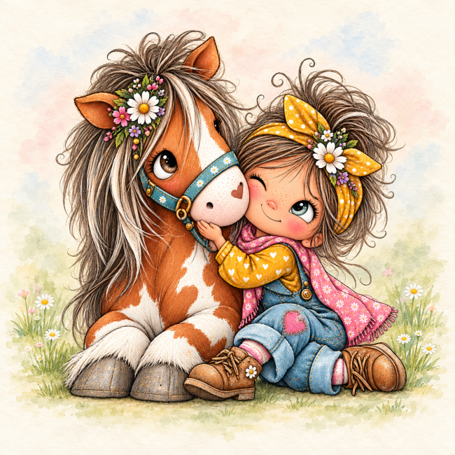 Câlin fleuri entre fillette et poney