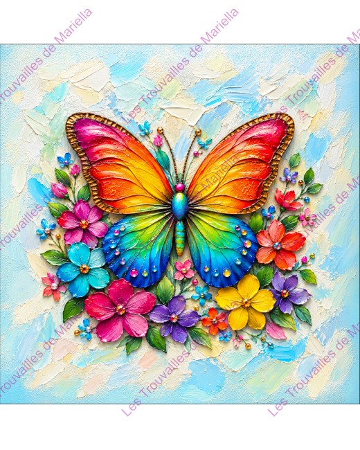 Un papillon multicolore et des fleurs aux effets de peinture en relief sur fond clair. "Un papillon multicolore et des fleurs aux effets de peinture en relief sur fond clair."