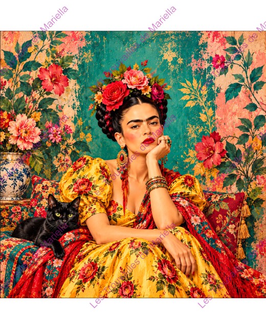Coupon à coudre sur le thème de Frida prenant la pause avec un chat noir "Coupon à coudre sur le thème de Frida prenant la pause avec un chat noir"